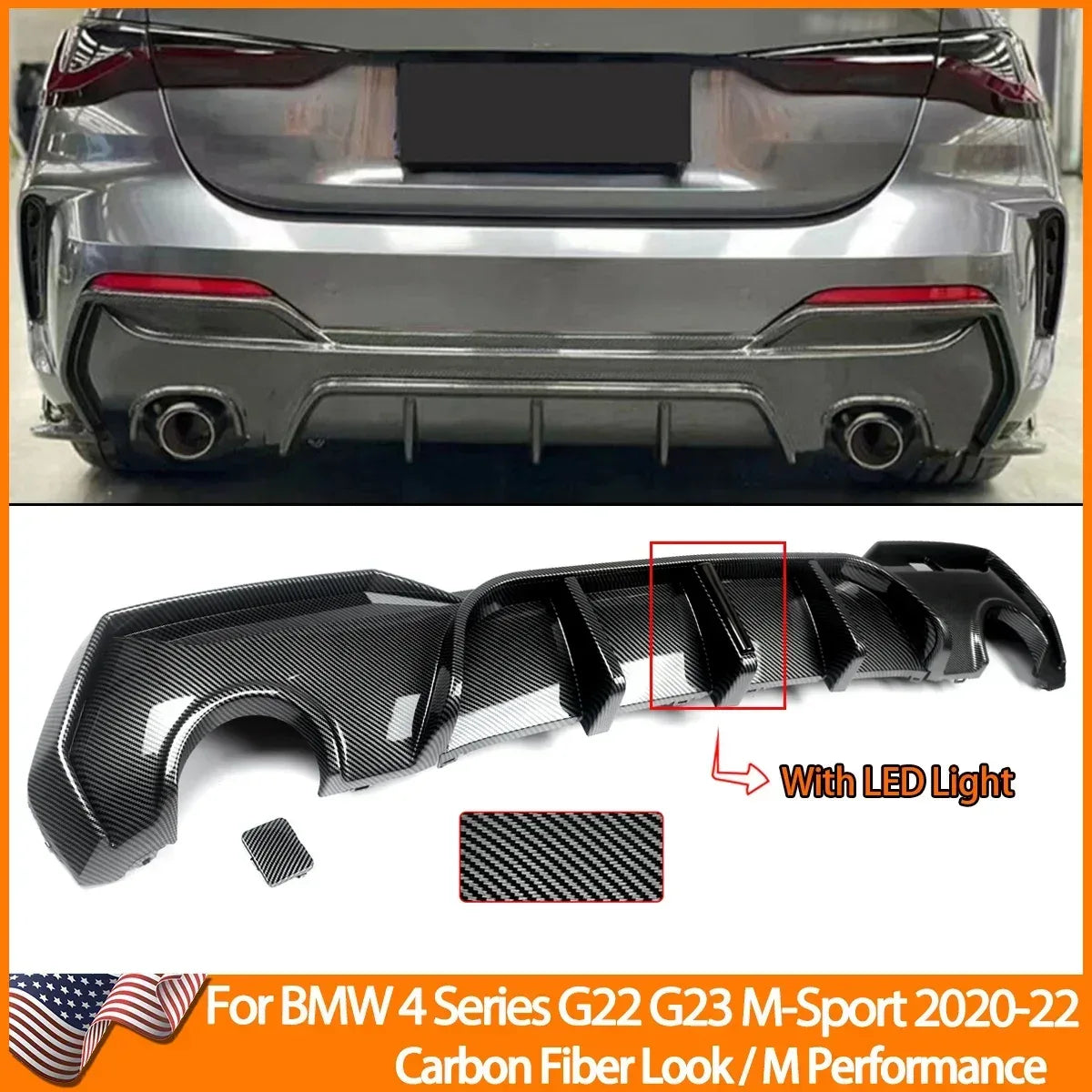 Magickit Rear Diffuser For BMW G22 G23 420i 430i 440i M Sport w/ LED 2020+ Carbon Look Rear Bumper Diffuser