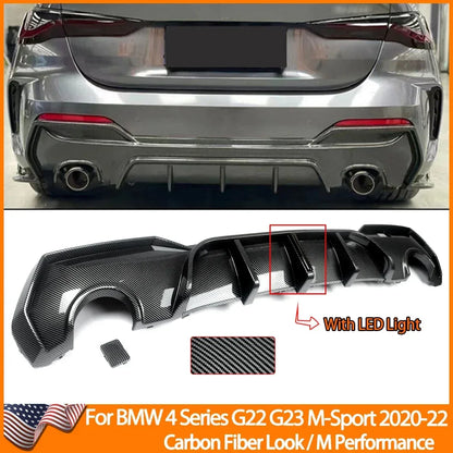 Magickit Rear Diffuser For BMW G22 G23 420i 430i 440i M Sport w/ LED 2020+ Carbon Look Rear Bumper Diffuser