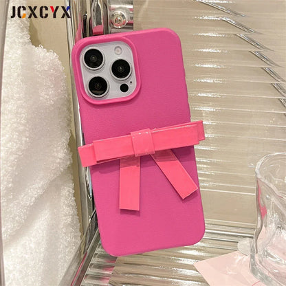 Korean Cute 3D Bowknot Lychee Leather Pattern TPU Phone Case For iphone 16 15 14 13 12 11 Pro Max 14 15 16 Plus Kawaii Cover