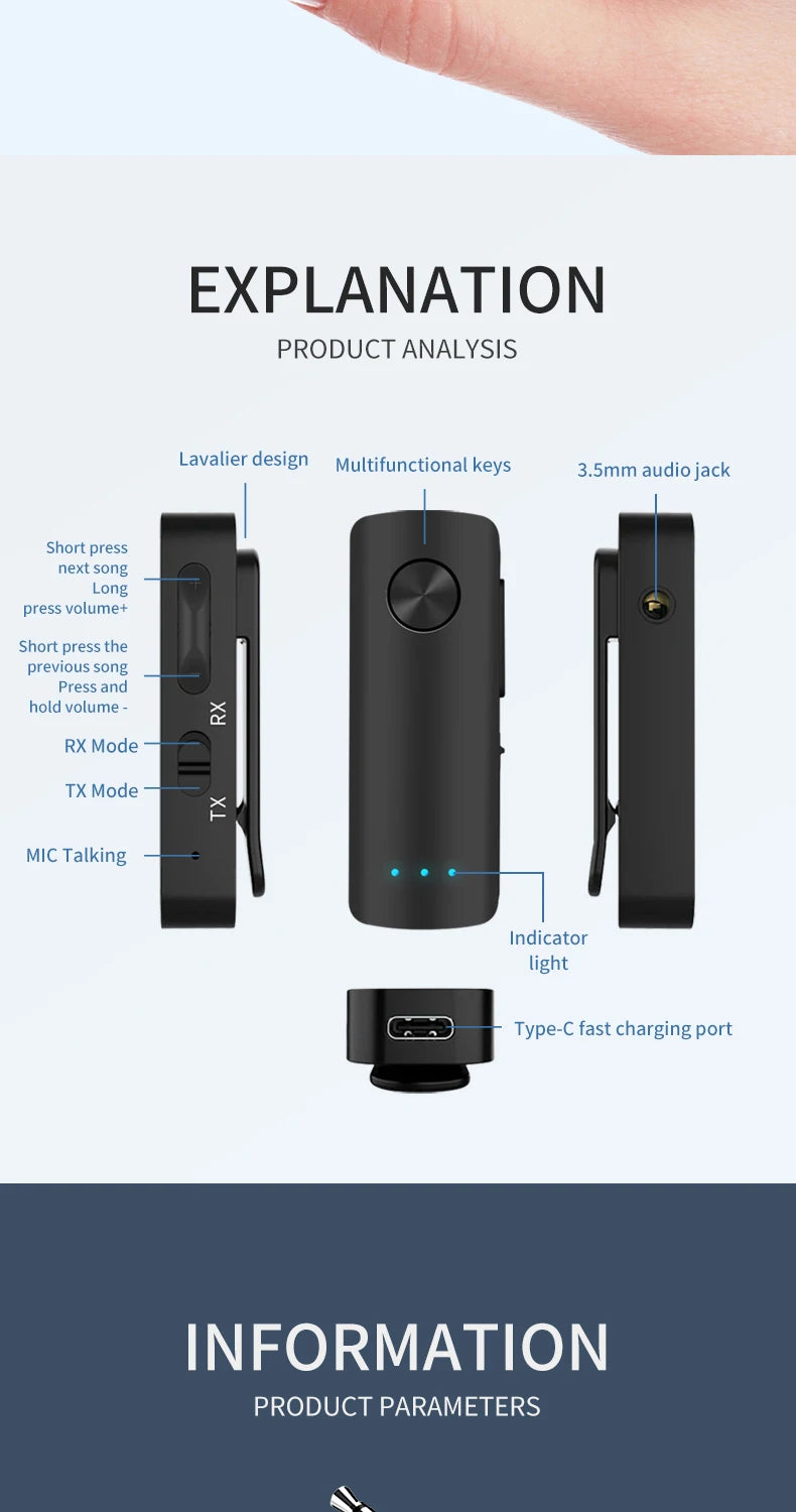 2-In-1 Wireless Audio Adapter Bluetooth 5.3 Receiver Transmitter 3.5mm Jack AUX Lossless Sound MIC For Car Speaker TV PC
