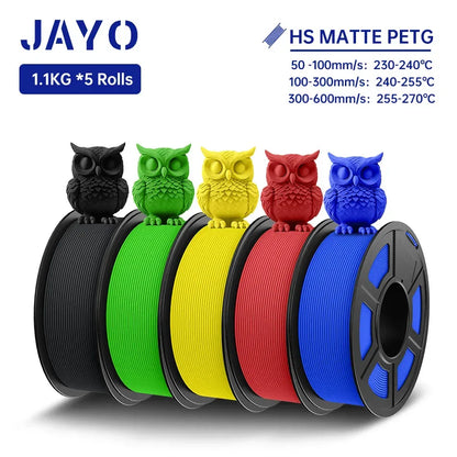 JAYO PETG 3D Filament 1.75MM High Speed PETG 3D Printer Filament 5Rolls High Flow Speedy Matte Effect 3D Printing Mateials