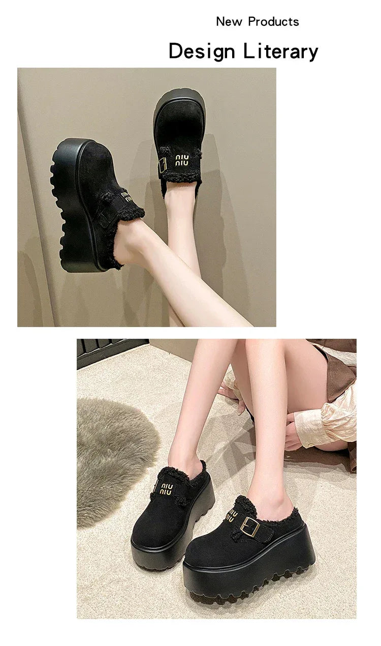 Platform High Heels Slippers Women Suede Mules Shoes Fur Warm Wedges Flip Flops 2025 Winter New Snow Boots Fashion Zapatos Mujer