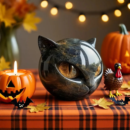 Cat Head Statue - Elegant Marble-like Glossy Resin Sculpture with Golden Eyes & Black Marble Texture,Desktop Decor for Home/Offi