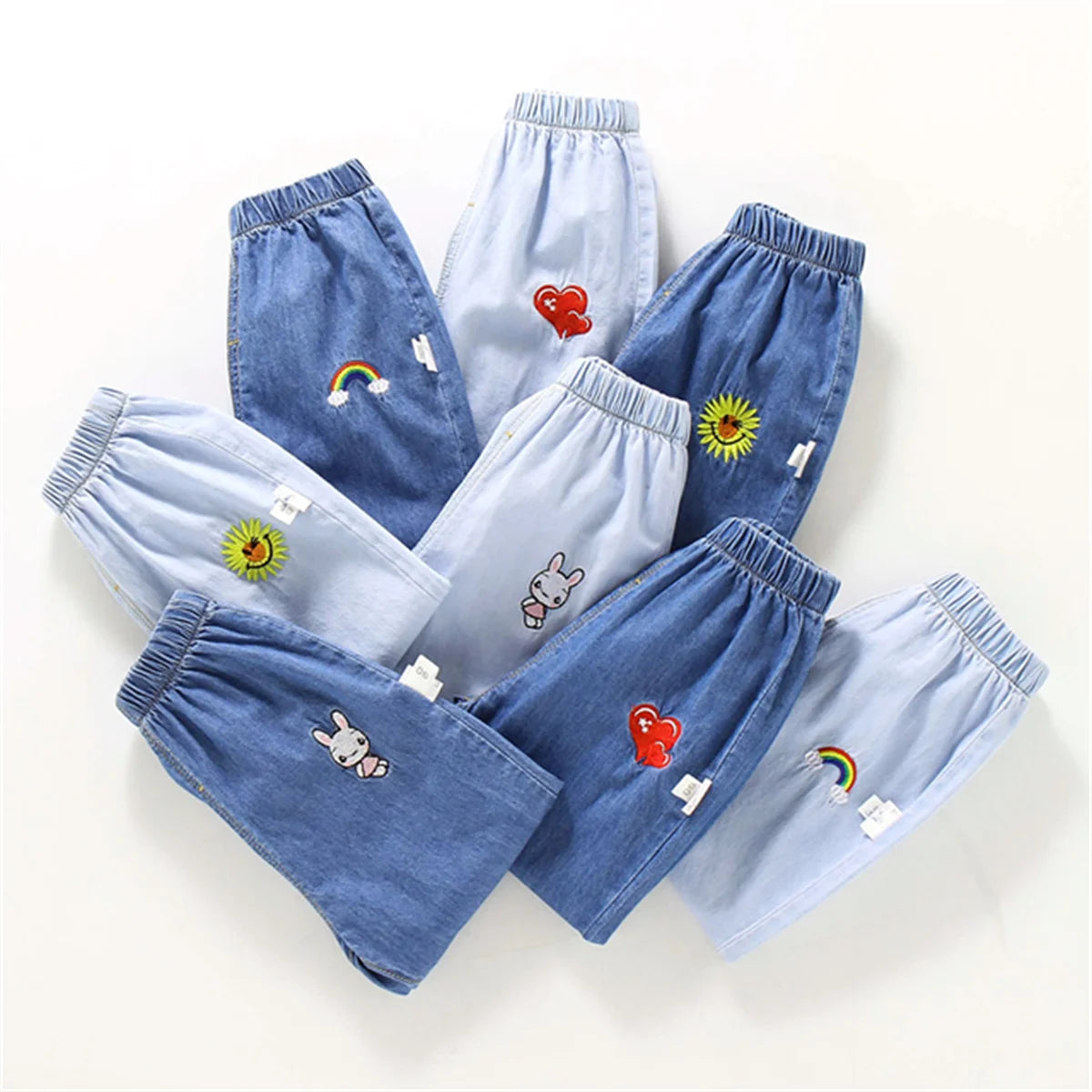 Children'S Jeans Baby Four Seasons Outwear Casual Pants Embroidered Simple Versatile Elastic Waist Sports Wear