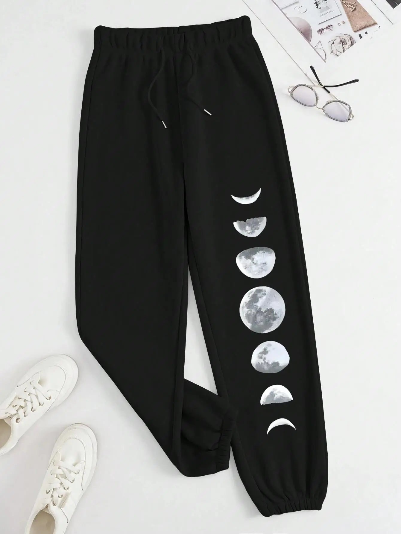 Different Forms Of The Moon Print Casual Versatile Women Pants Fashion Trendy Trousers With Drawstring Pockets Sweatpants Female