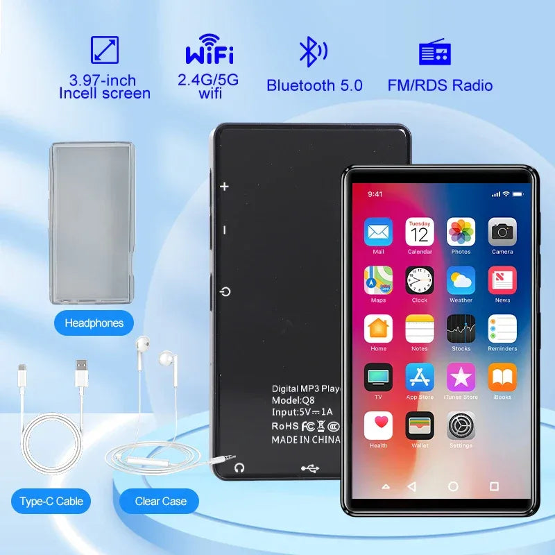 MP3 MP4 HIFI Stereo Player 3.97-inch 1080P HD Full-Screen Touch with Bluetooth and 2.4G/5G WiFi FM Radio Recording Ebook
