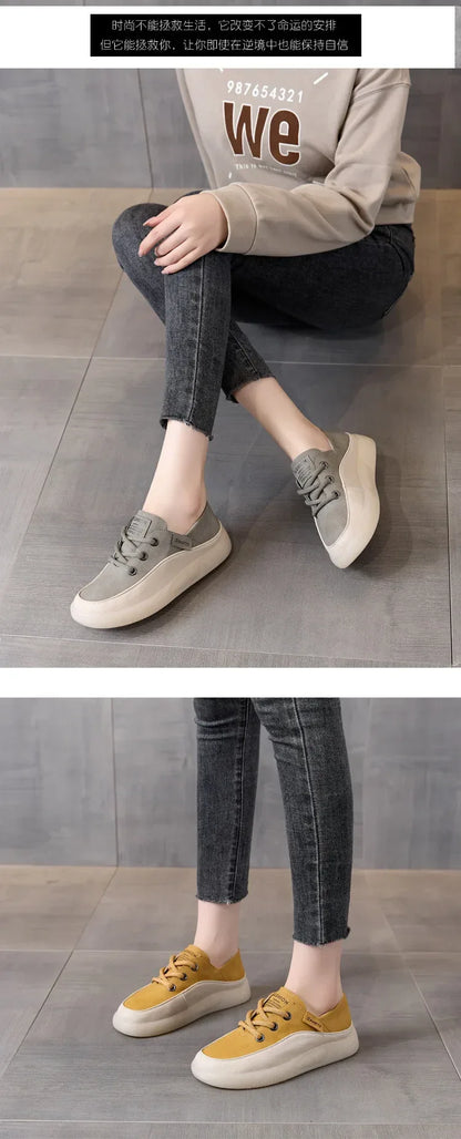 Koznoy 3.5cm Cow Genuine Leather Women Flats Fall Vulcanize Chunky Sneaker Loafer High Brand Platform Slippers Autumn Shoes