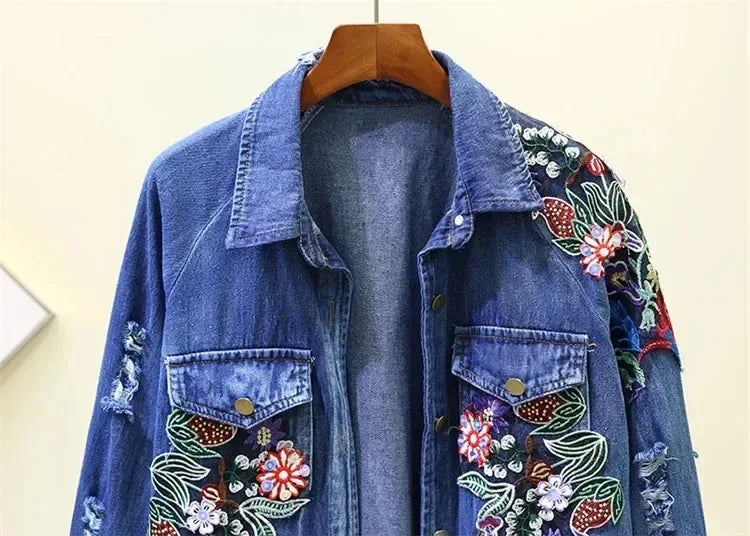 Spring Autumn Loose Vintage Flower Embroidered Denim Jacket Women Single-breasted Casual Raw Fringe Hole Jeans Jackets Female