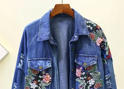 Spring Autumn Loose Vintage Flower Embroidered Denim Jacket Women Single-breasted Casual Raw Fringe Hole Jeans Jackets Female