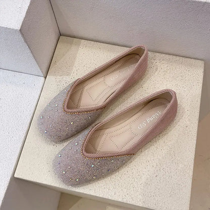 Shoes for Woman 2025 Diamond Flats Women's Summer Footwear Flat Square Toe Pink with Crystals Rhinestone Office 39 Beau Today E