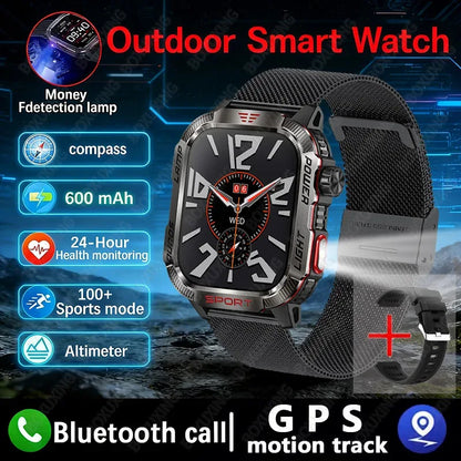 2026 New LED flashlight Military Smart Watch Men IP68 GPS Outdoor Sports Fitness Tracker Health Monitor 2.01" BT Call Smartwatch
