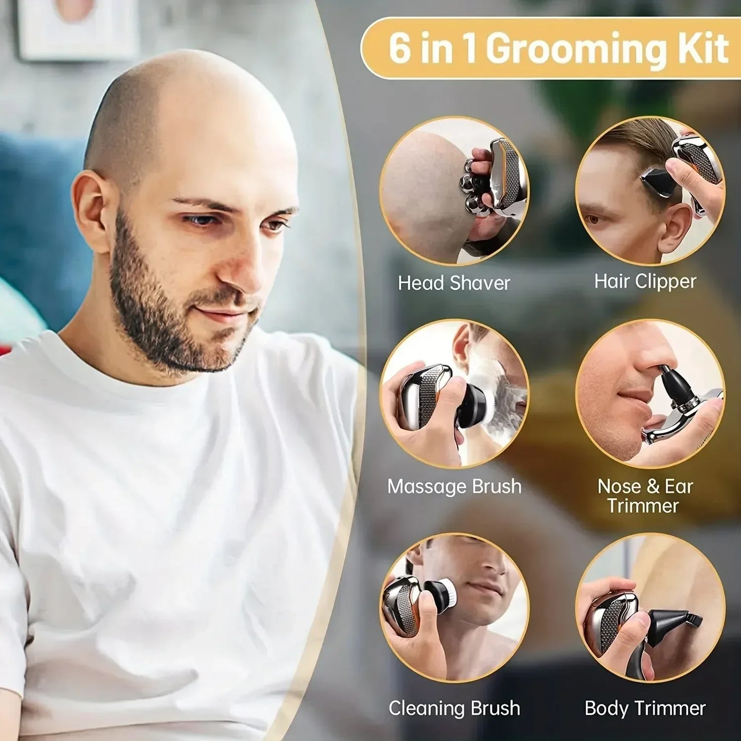 Men's Electric Head Shaver Razor Rechargeable Cordless Hair Shaving Razors for Bald Man 6 in 1 Waterproof Wet Dry Beard Trimmer