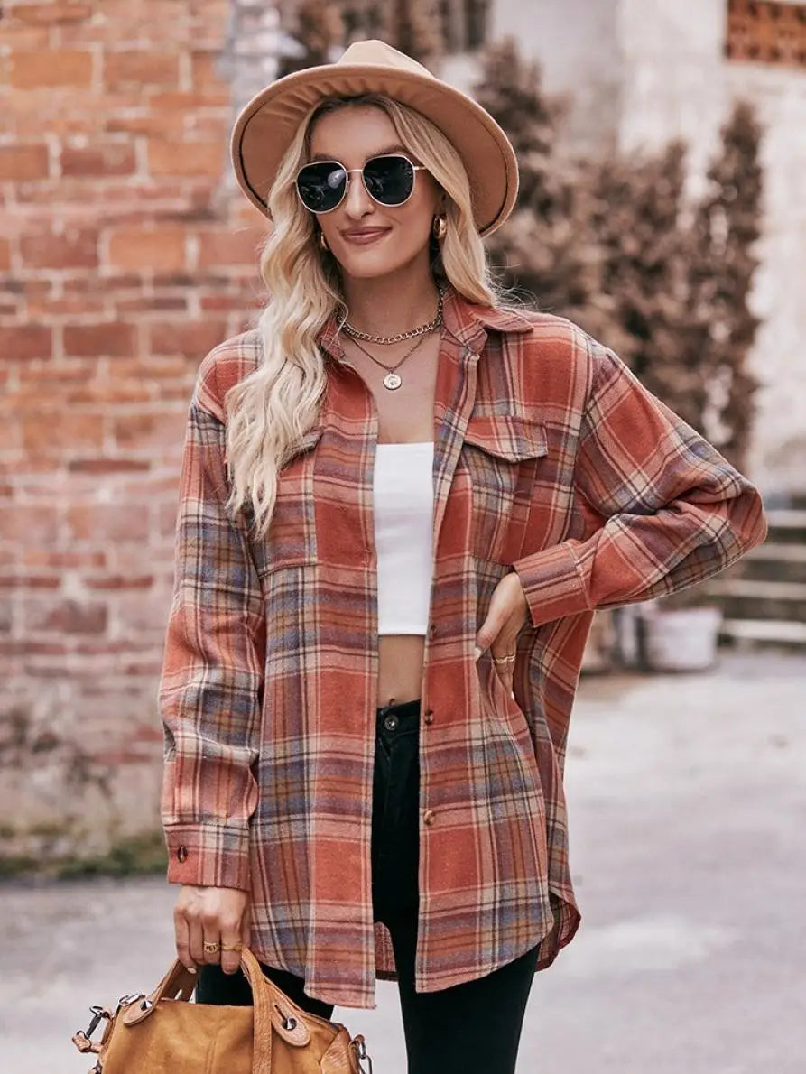 Autumn Plaid Shirt Women Long Sleeve Turn-down Collar Oversize Shirts Female Stylish Vintage Casual Blouse Ladies Chemise