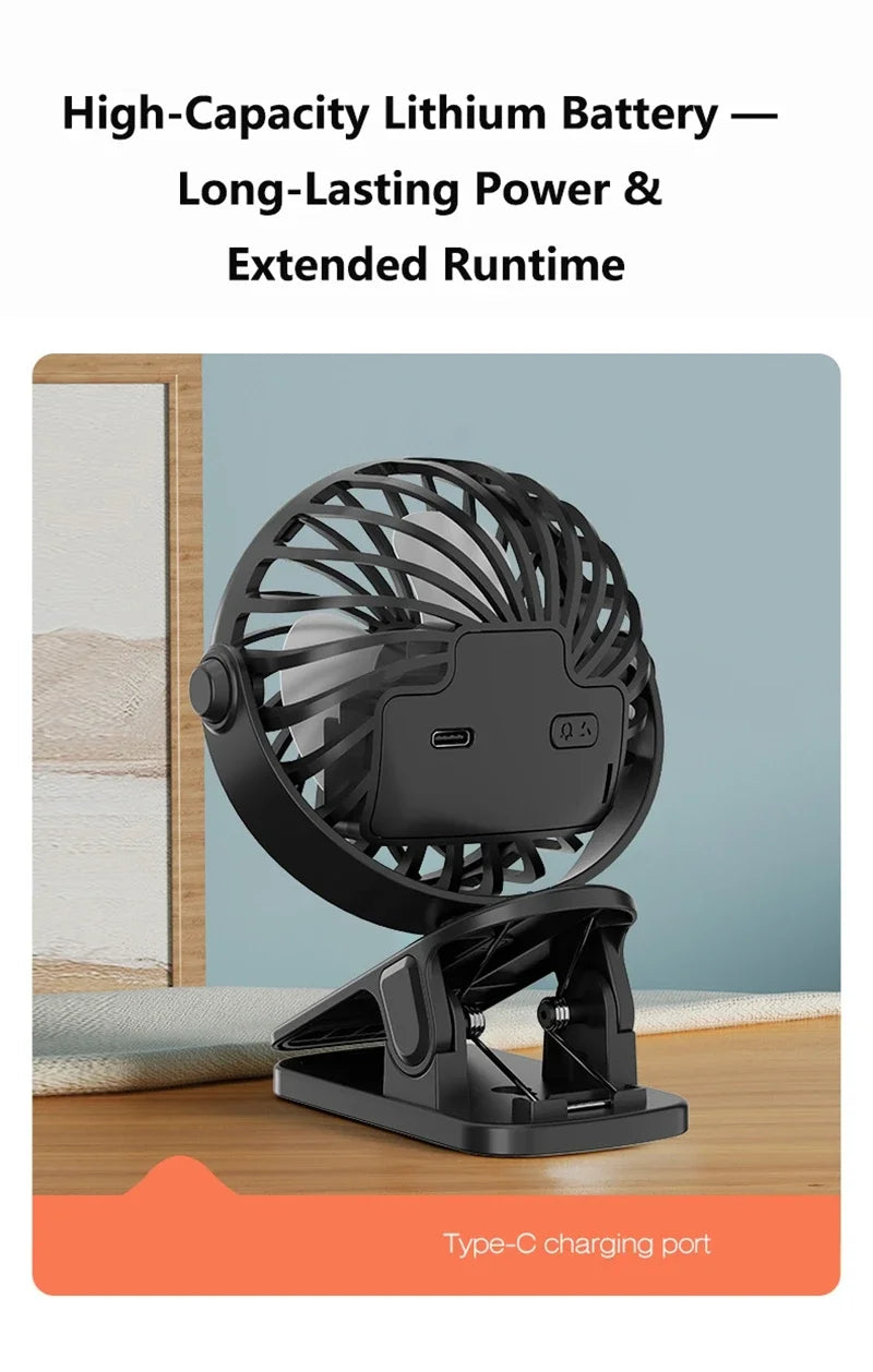 Portable Mini Cooler Fan 720°Rotatable Clip Fan Built In Night Lamp USB Rechargeable Personal Fan For Outdoor Camping Ventilador