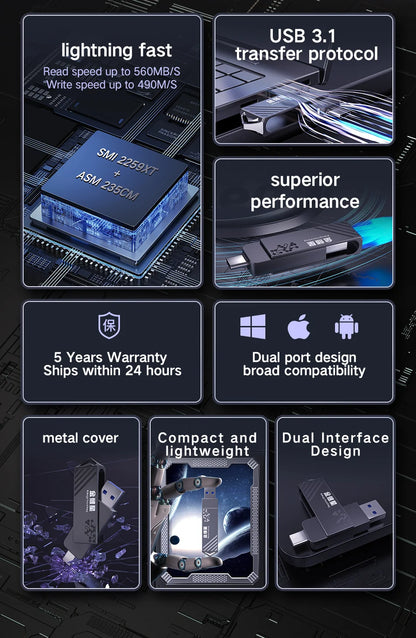 High Speed Solid State USB Drive 1TB Mobile Phone Hard Drive Type-C Dual Interface Mobile Computer Large Capacity USB Drive 512G