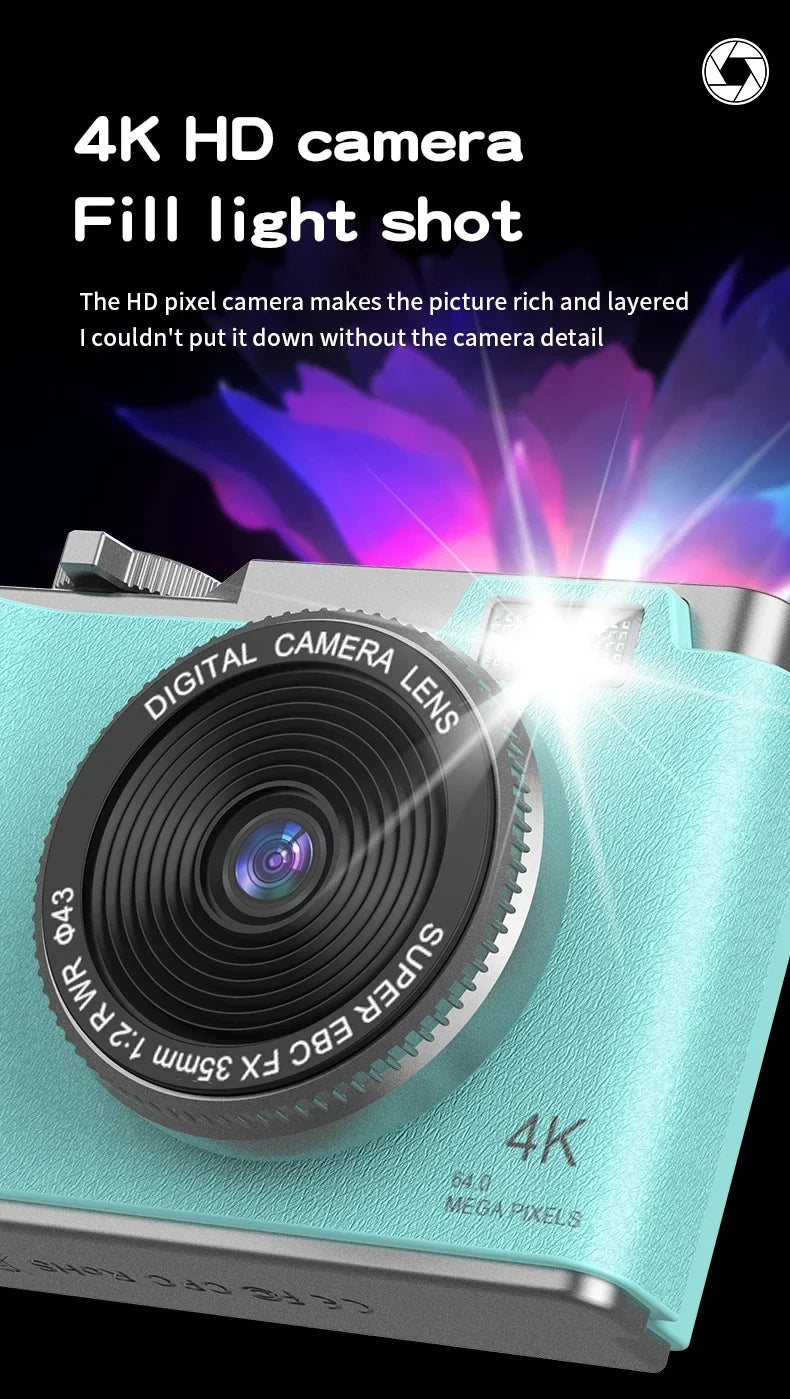 Digital Camera 4K HD Kid Camera 48MP Autofocus Vlogging Camera 2.4 Inch Retro Fashion Portable Video Camcorder for Beginners