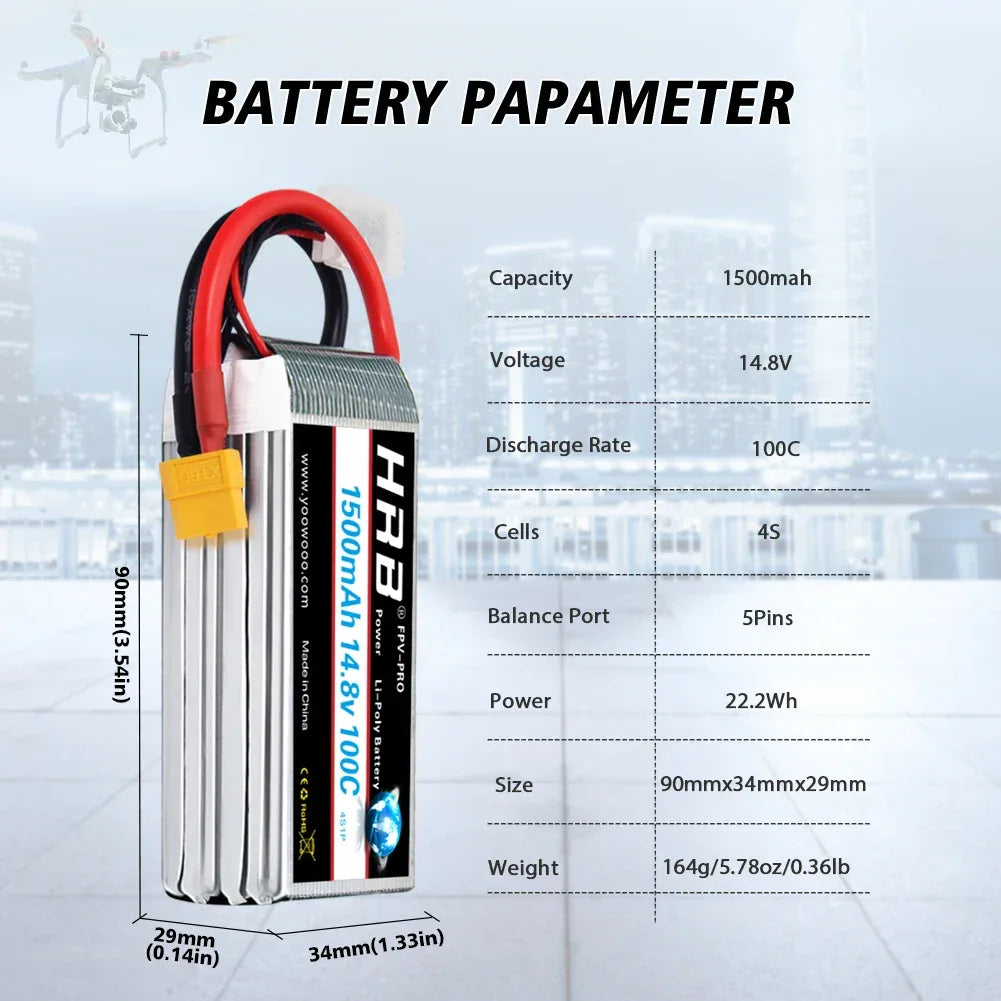 HRB 14.8V 1500mah Lipo 4S 100C RC Battery with XT60 Connector for RC Airplane fpv drones rc car truck tack RC Boat