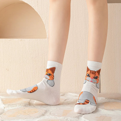 1/5 Pairs New Arrivals Women Socks Cartoon Animal Cat Spring Autumn Kawaii Comfortable School Girls Female Casual Funny Socks