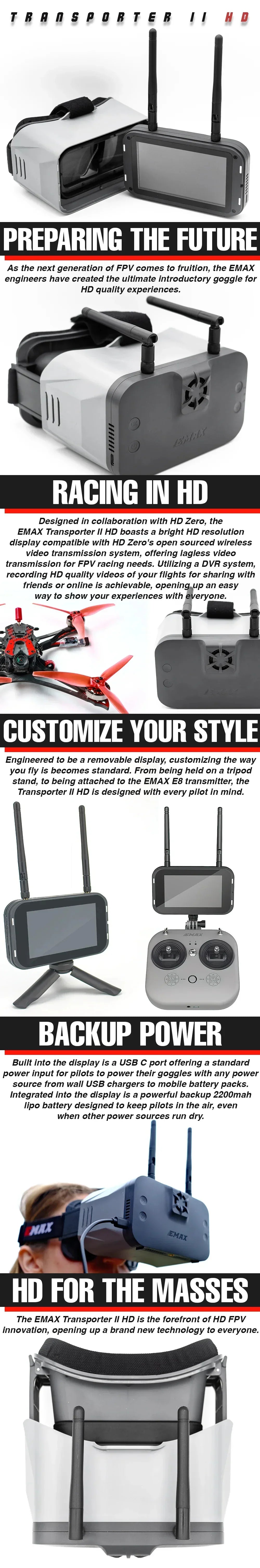 Official EMAX 5.8G 4.3 Inches Transporter 2 Tinyhawk Goggle With Dual Antennas for FPV Racing Drone