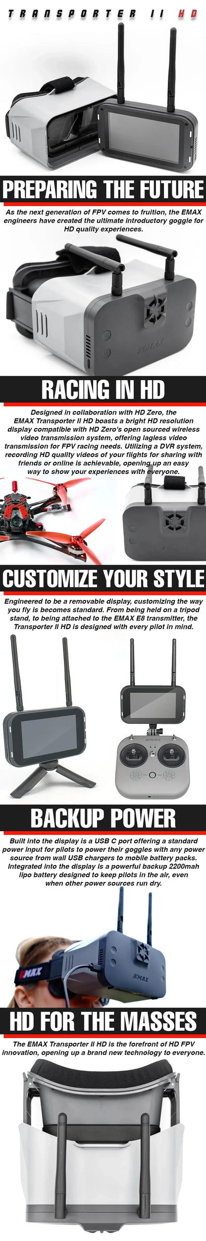 Official EMAX 5.8G 4.3 Inches Transporter 2 Tinyhawk Goggle With Dual Antennas for FPV Racing Drone