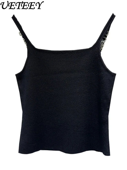 Design Sense Niche Black Beaded Letter-Printing Sleeveless Camisole Women's Summer Crop Tops Hot Girl Outer Wear Short Base Vest