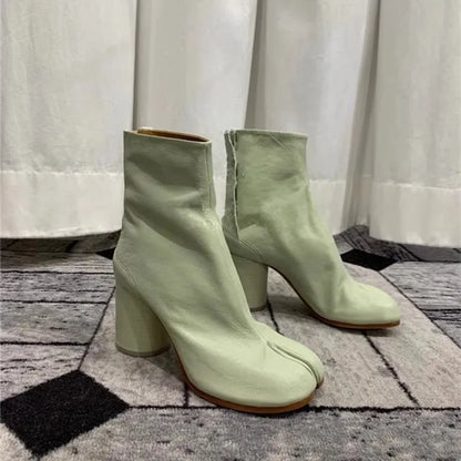 Leather Split Toe Tabi Boots For Women Chunky High Heels Women Shoes Ankle Boots Black Fashion Brand Designer Botas Mujer