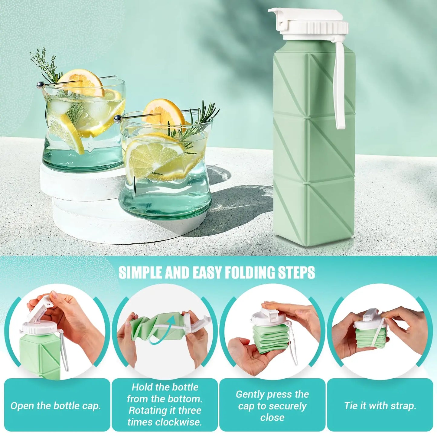 Collapsible travel water bottle, food grade BPA-free silicone collapsible water bottle, leak-proof portable water bottle, suitab