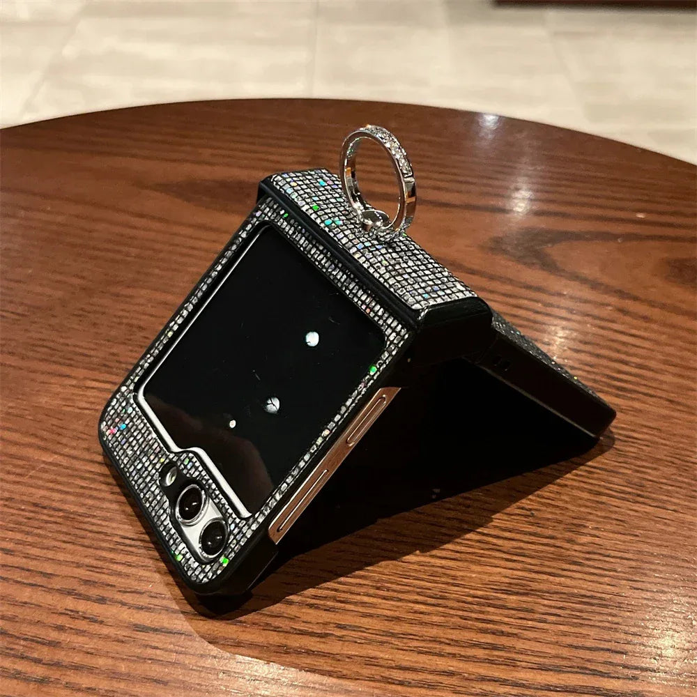 Luxuxy Glitter Sequin Ring Holder Bracket Phone Case For Samsung Galaxy Z Flip3 Z Flip5 Z Flip6 4 Blingbling Back Cover