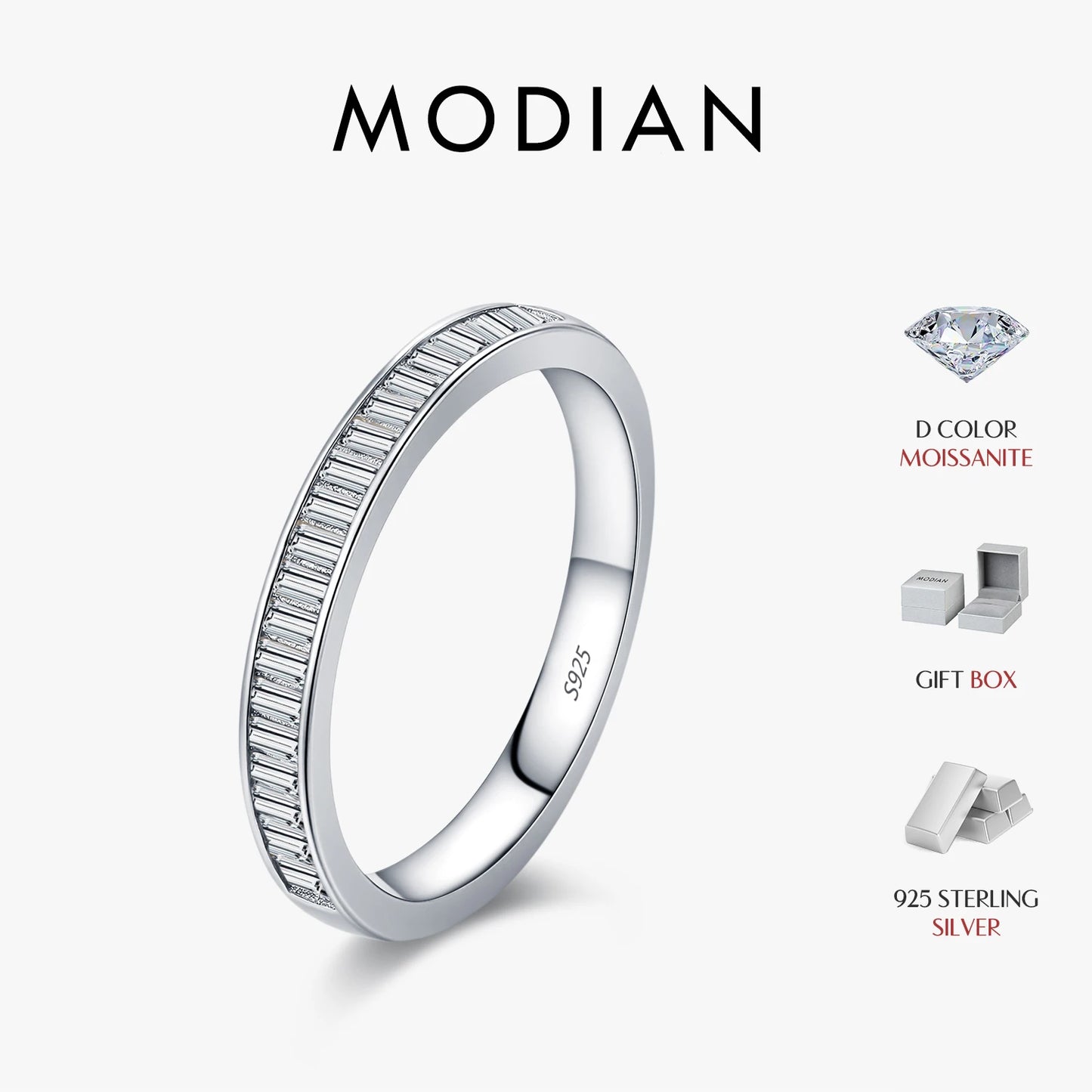 MODIAN Dazzling D Color Rectangle Moissanite Stackable Rings 925 Sterling Silver Eternity Band Rings For Women Fine Jewelry