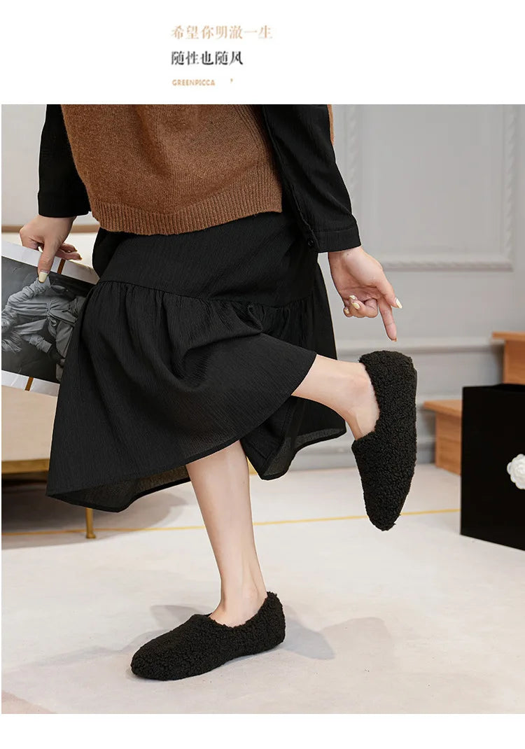 Big Size 43 Women Lambswool Slippers Winter Sheep Fur Shoes Ladies Flat Cotton Slides Home Pantuflas Daily Slip On Furry Mules