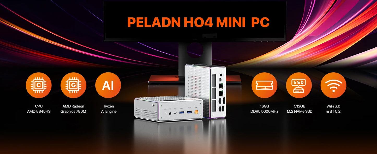 PELADN HO4 Gaming Mini PC AMD Ryzen 7 8845HS 32GB DDR5 5600MHz 1TB PCIe4.0 SSD, AMD Radeon 780M with Dual RJ45 LAN, WiFi6 BT5.2