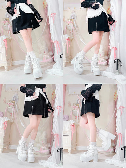 Japanese Mine Lolita Short Boots for Women Mass Production Love Rhinestone Buckle Bow Round Head Platform Boots Sweet Shoes