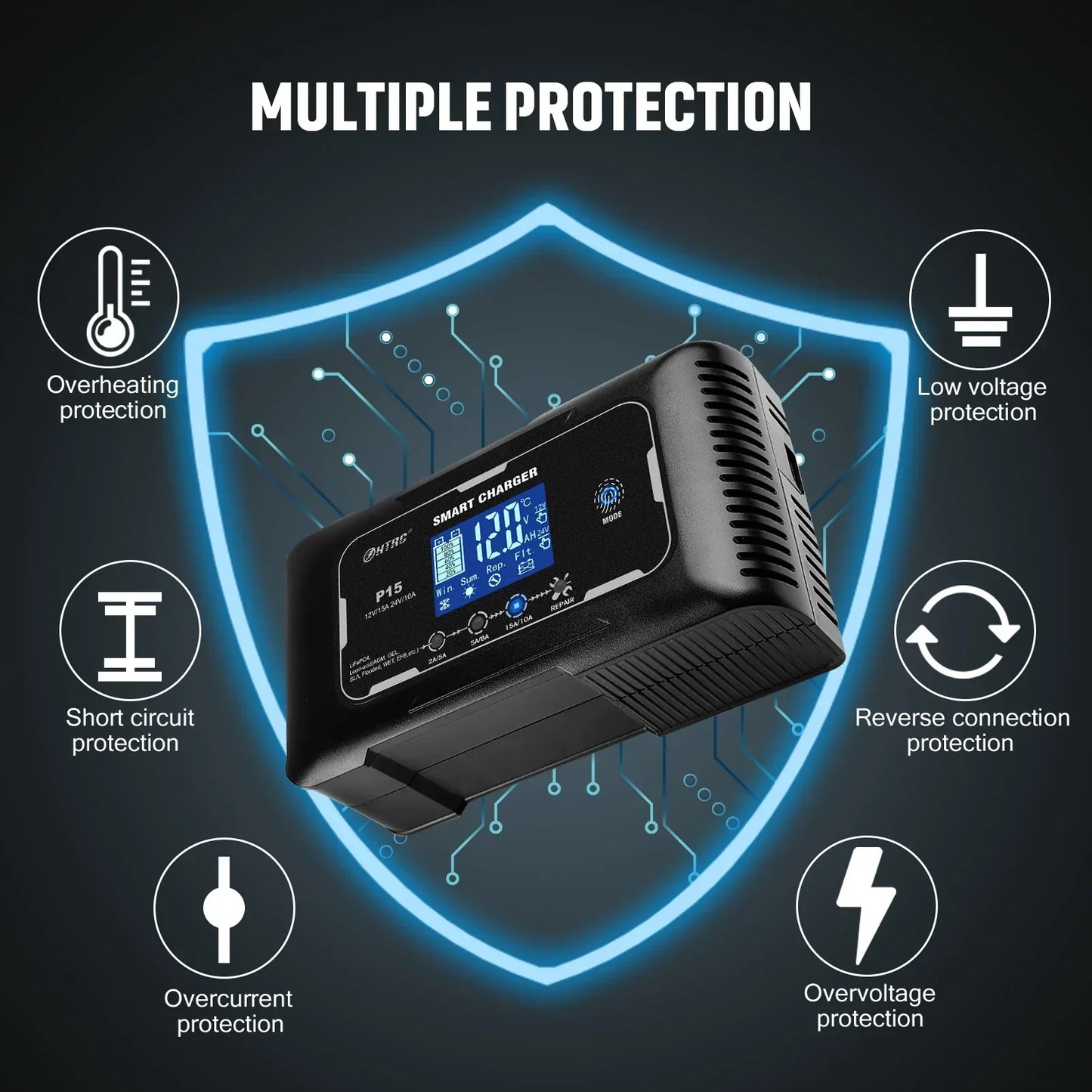 HTRC 12V/24V 15A/20A Car Battery Charger Smart Charger for Lead-Acid PB LiFePO4 Battery 7-Stage Automatic Car Motorcycle Charger