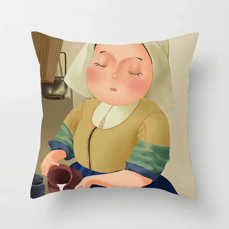 Creative Cartoon Oil Painting Mona Lisa Van Gogh Cushion Cover Portrait Painting Throw Pillow Case Cojines Decorativos Para Sofa