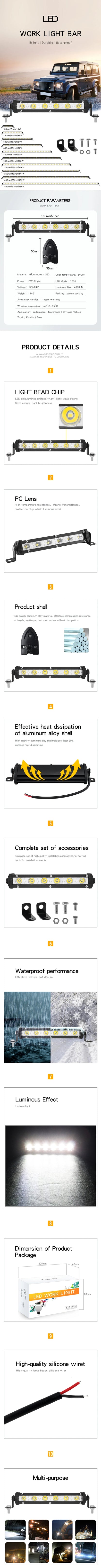 12-24V High Bright Universal Car Work Light 7inch 18w Work Light Bar LED Strip Lamp for Truck SUV Motorcycle Offroad Car
