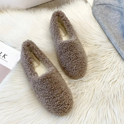 Big Size 43 Women Lambswool Slippers Winter Sheep Fur Shoes Ladies Flat Cotton Slides Home Pantuflas Daily Slip On Furry Mules