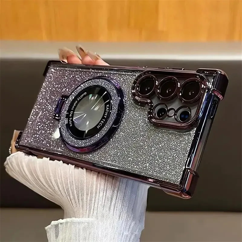 Luxury Magnetic Plating Stand Shockproof Glitter Case for Samsung Galaxy S25 Edge S24 Ultra S23 S22 Plus S21 S20 FE Clear Cover