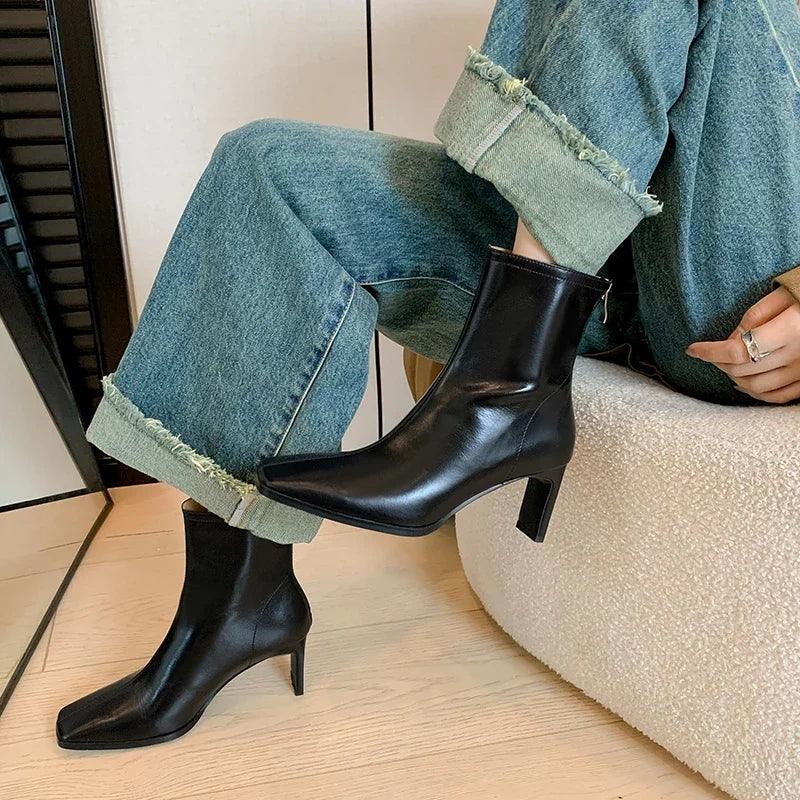 JOZHAMTA Size 34-43 Women Ankle Boots Real Leather Thick High Heel Shoes Fall Winter 2025 Casual Office Lady Dress Short Booties