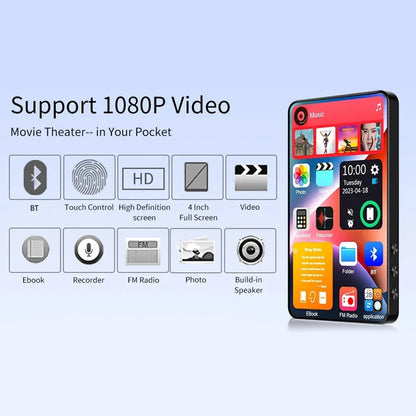 4 Inch Full Touch Screen MP3 Player Bluetooth 5.2 Walkman MP4 16GB Built-in Speaker Music Player with FM Radio Recorder E-Book