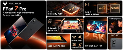 Headwolf FPad7 PRO Android 15 Tablet 8 inch 2.5K HD Max 16GB+512GB, 6500mAh PD18W, 8MP+16MP Camera, SIM 4G LTE WiFi 6