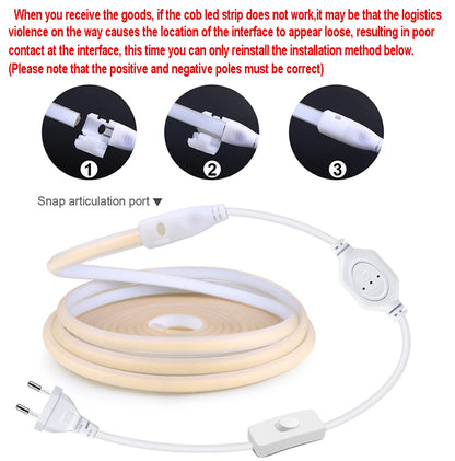 220V Super Bright COB LED Strip with Switch FOB Tape Ribbon European Standard Plug White Light Neon Lamp For Room Outdoor Garden