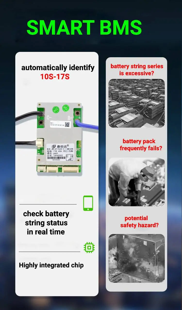 JBD Smart BMS LiFePo4 12S 36V 16S 48V 20A 40A 50A 60A 80A Li-Ion BMS 10S 13S 14S 16S 17S Balance Protection Board Built-in BT