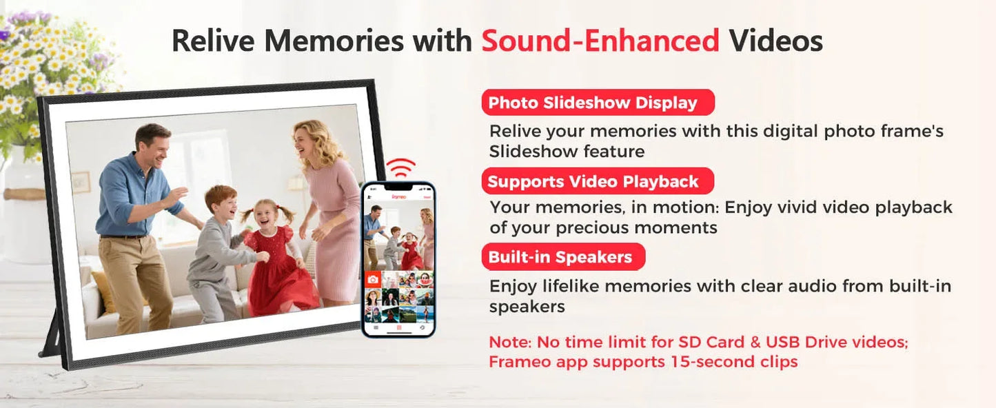 FRAMEO 15.6 Inch 32GB Large Digital Photo Frame, Digital Picture Frame WiFi, IPS HD Touch Screen, Photo Frame with Auto-Rotate