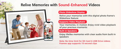 FRAMEO 15.6 Inch 32GB Large Digital Photo Frame, Digital Picture Frame WiFi, IPS HD Touch Screen, Photo Frame with Auto-Rotate