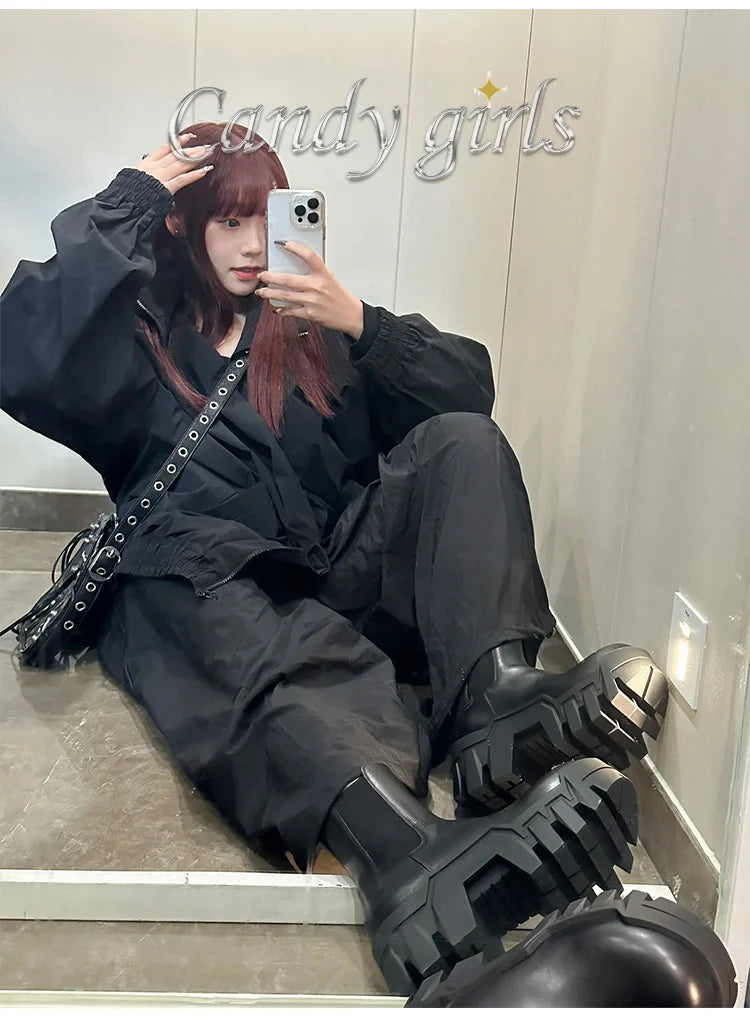 Retro Chelsea Mid-Calf for Women 2024 New round Toe Muffin Gear Platform Black Mid-Calf Length Motorcycle Boots