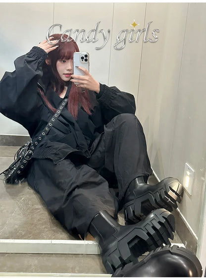 Retro Chelsea Mid-Calf for Women 2024 New round Toe Muffin Gear Platform Black Mid-Calf Length Motorcycle Boots