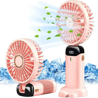 Handheld Fan,Foldable Desk Desktop Type-C Rechargeable Fans with Lanyard and Base, Mini Fan with LED Display 4000mAh