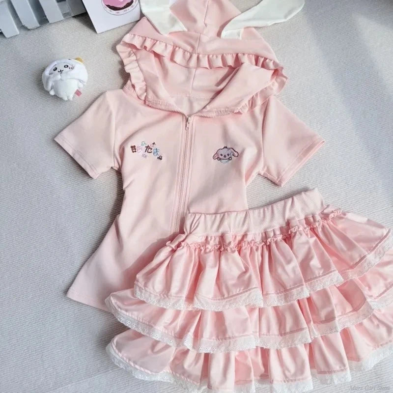 Japanese Kawaii Lolita 2-Pieces Set Women Sweet Rabbit Ear Zipper Hooded Tops + Cute Cake Mini Skirt Harajuku Y2k Outfits Summer