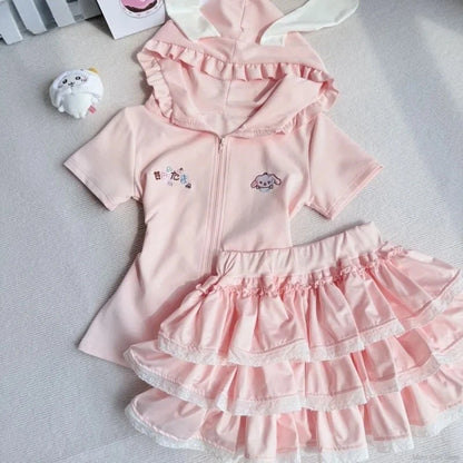 Japanese Kawaii Lolita 2-Pieces Set Women Sweet Rabbit Ear Zipper Hooded Tops + Cute Cake Mini Skirt Harajuku Y2k Outfits Summer