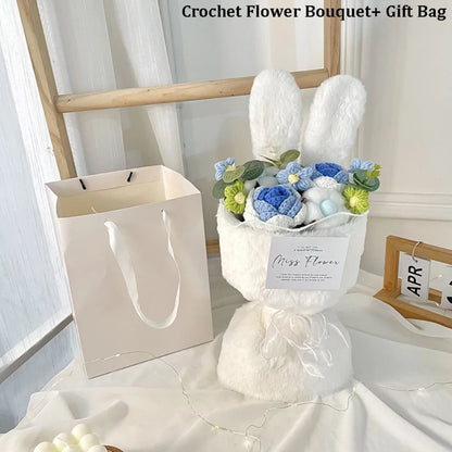 Rabbit Ears Crochet Flower Bouquet Handmade Completed Flower Bouquet with Gift Bag Creative Knit Rose Bouquet for Mother's Day